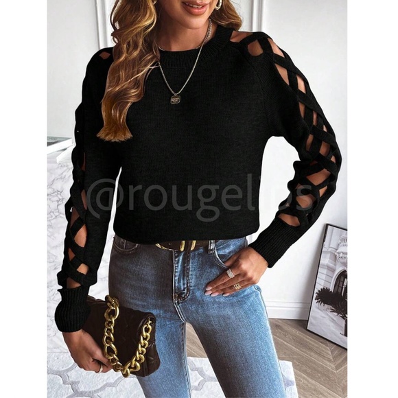 Black Knit Criss Cross Straps Cut Out Sleeve Sweater Pullover - Picture 6 of 11